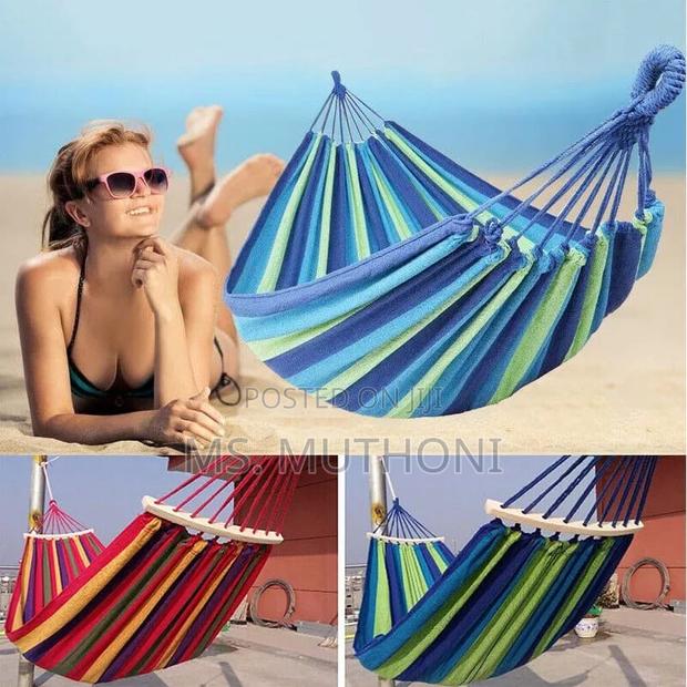 Blue and Green Striped Canvas Hammock With Spreader Bars. - thumbnail 2