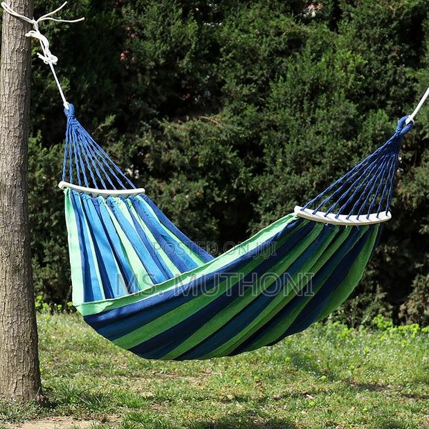 Blue and Green Striped Canvas Hammock With Spreader Bars. - thumbnail 3