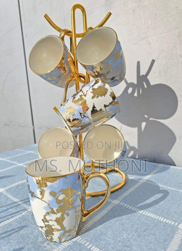 6 PCS Ceramic Mugs With a Gold and Coral Abstract Pattern - thumbnail 3