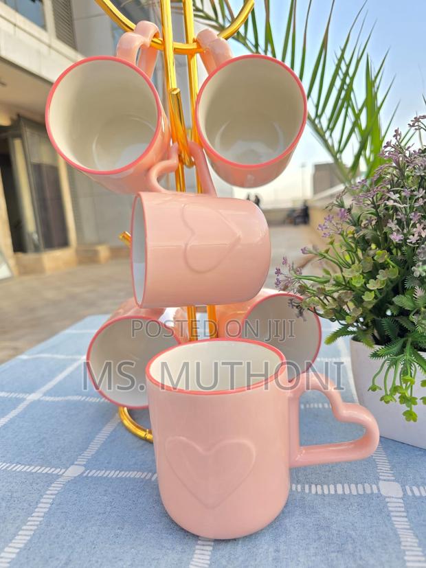 6 Pieces Heart-Shaped Handles Pink Ceramic Cups - main view