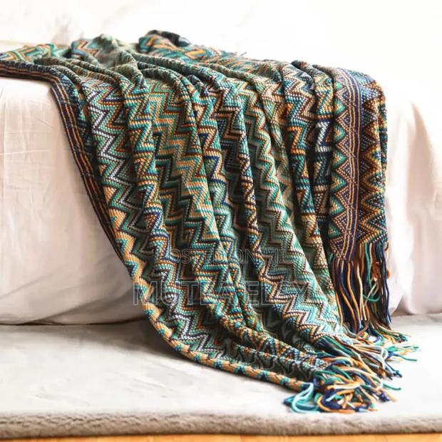 Mint Green Boho Knit Throw Blanket Chenille Jacquardsoft With Tassels - main view