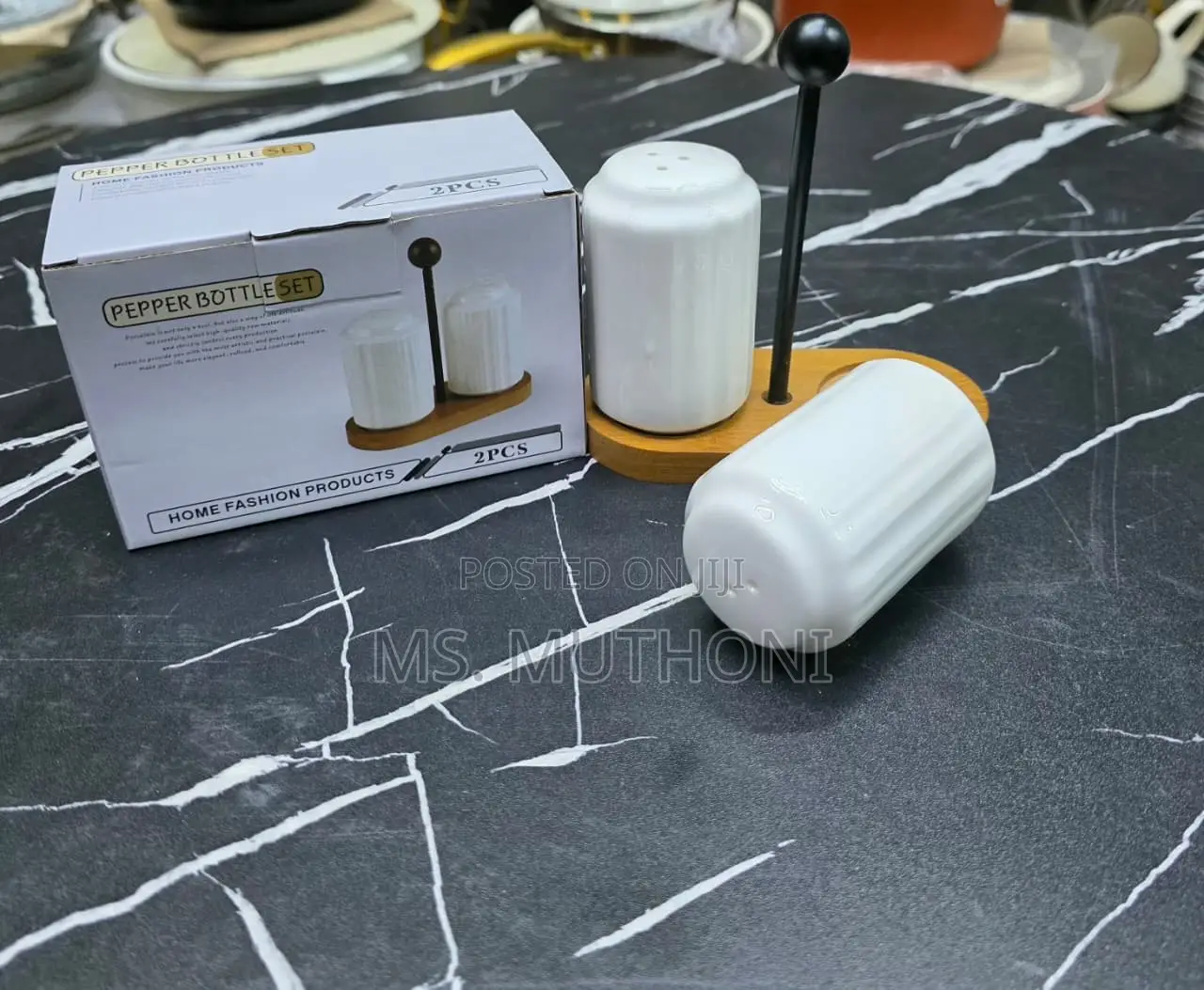 Ceramic Salt and Pepper Shaker Set With a Wooden Caddy