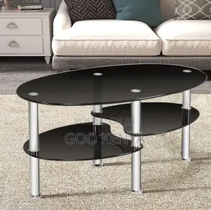 Home Table; Oval Top Glass Coffee Table With Metallic Legs and a Layer