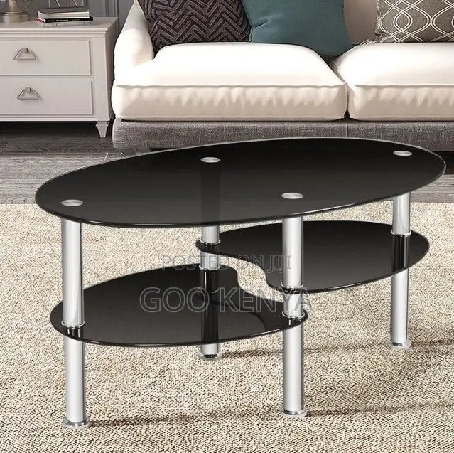 Home Table; Oval Top Glass Coffee Table With Metallic Legs and a Layer