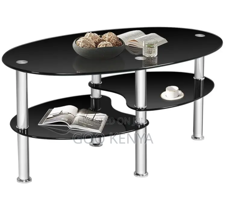 Home Table; Oval Top Glass Coffee Table With Metallic Legs and a Layer