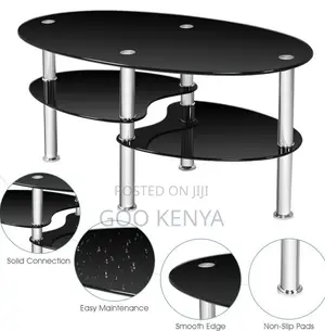 Home Table; Oval Top Glass Coffee Table With Metallic Legs and a Layer