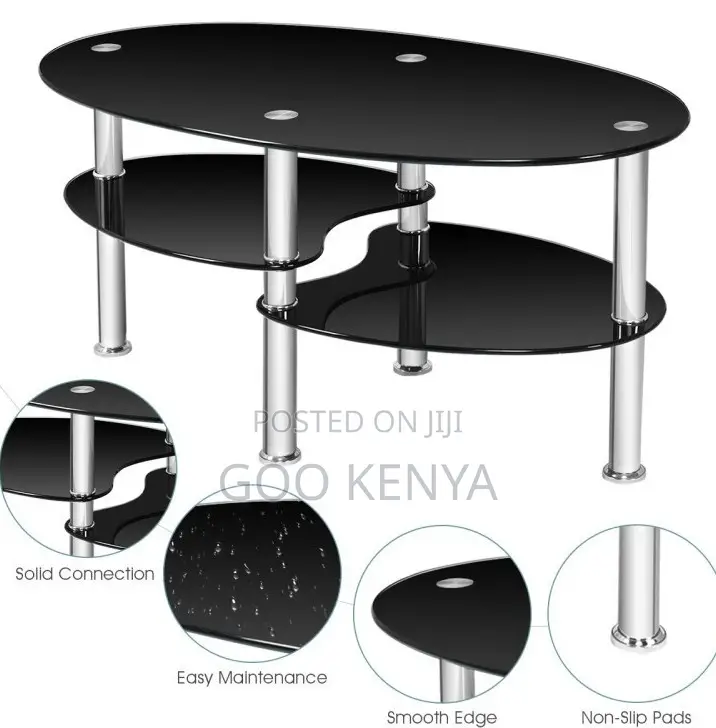 Home Table; Oval Top Glass Coffee Table With Metallic Legs and a Layer