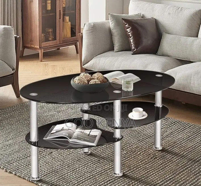 Home Table; Oval Top Glass Coffee Table With Metallic Legs and a Layer