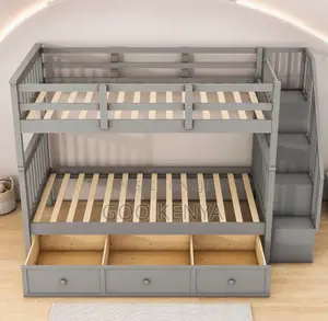 Home Bed; Children’S Twin Bunk Bed -Wood, Stairs, and Storage Drawers