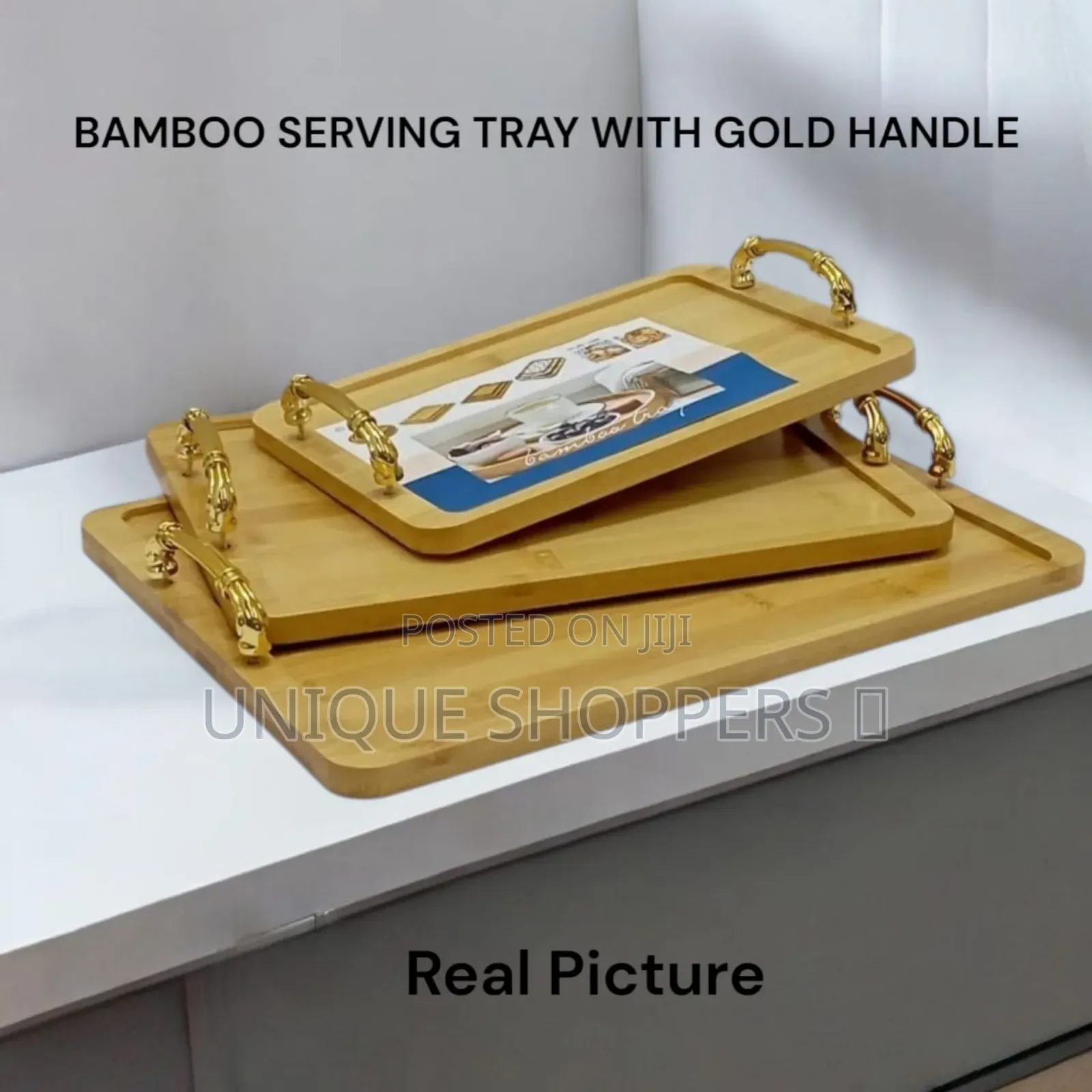 Bamboo Serving Tray With Metal Golden Handle 3pc Set