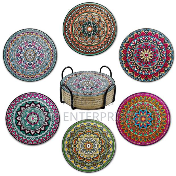 6pcs Mandala Print Drink Coasters With Metal Stand Holder - main view
