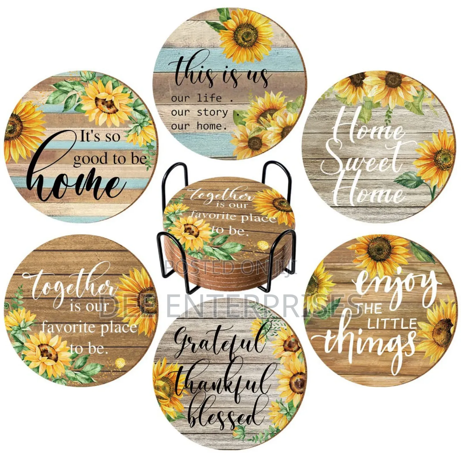 6pcs Rustic Wooden Drink Coasters With Metal Stand Holder