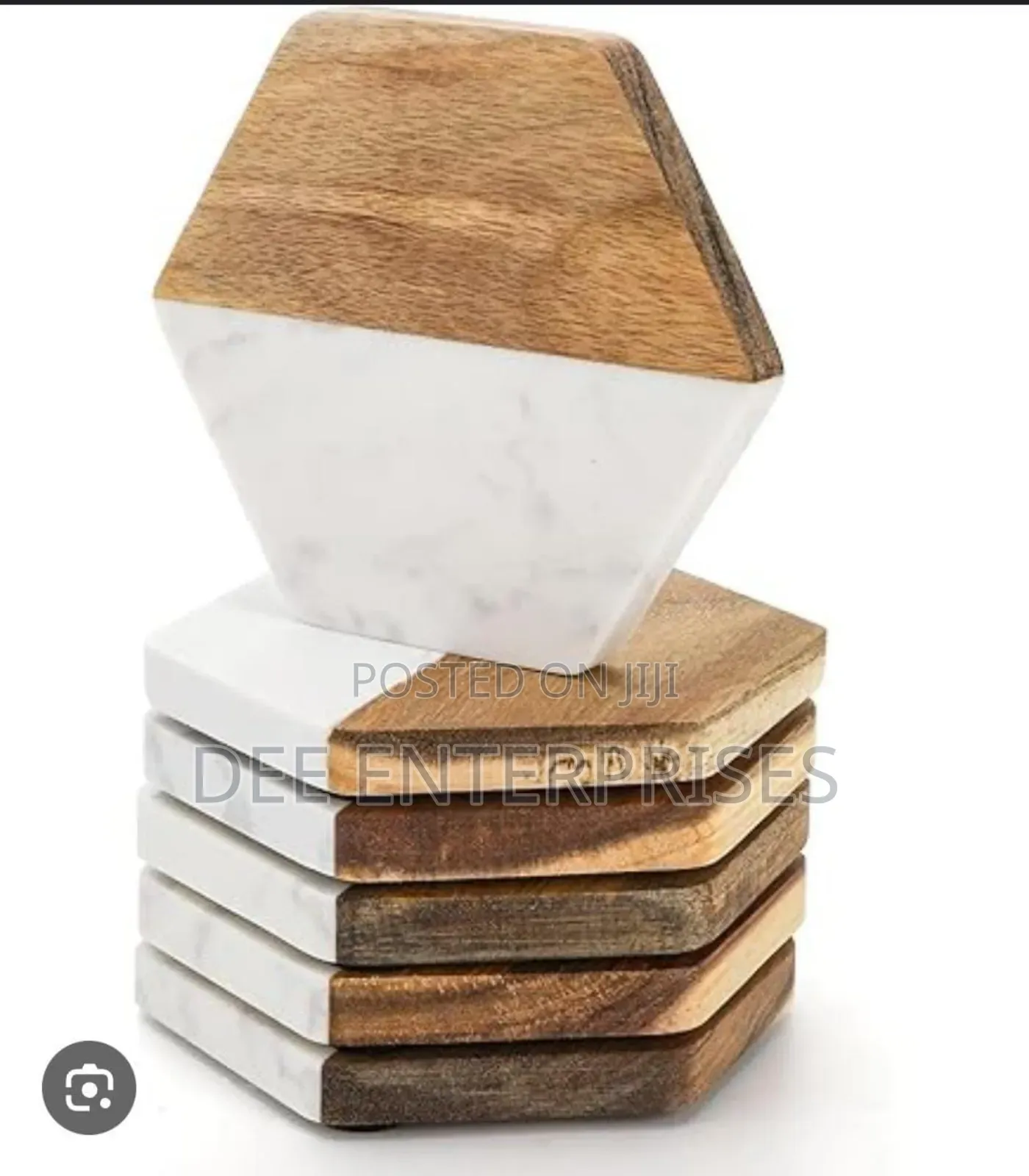 6 in 1 Hexagon White Marble and Wood Coasters