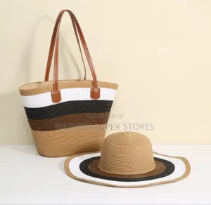 Straw Tote Hat Set – Summer Accessories With Leather Handle Detail