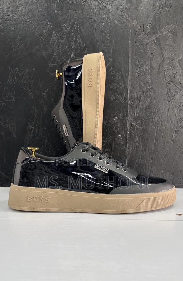 Men's Boss Casual Sneakers With a Patent Finish and a Tan Sole