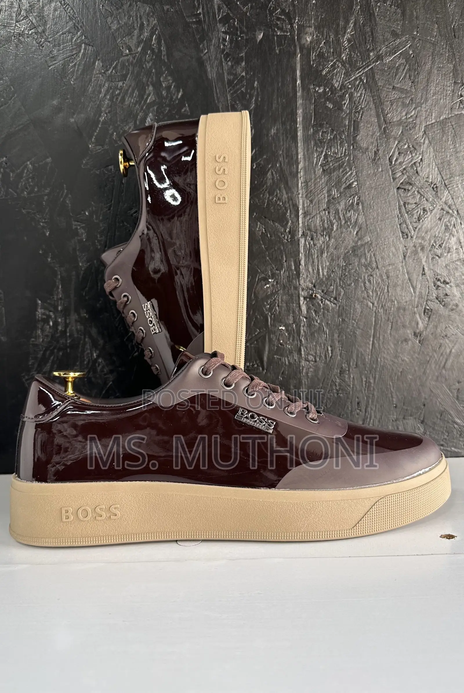 Men's Boss Casual Sneakers With a Patent Finish and a Tan Sole