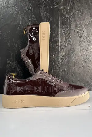 Men's Boss Casual Sneakers With a Patent Finish and a Tan Sole