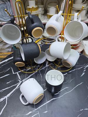 6 PCS White / Black Aesthetic Ribbed Ceramic Coffee Mugs - thumbnail 2