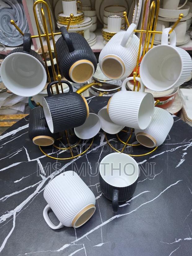 6 PCS White / Black Aesthetic Ribbed Ceramic Coffee Mugs - main view