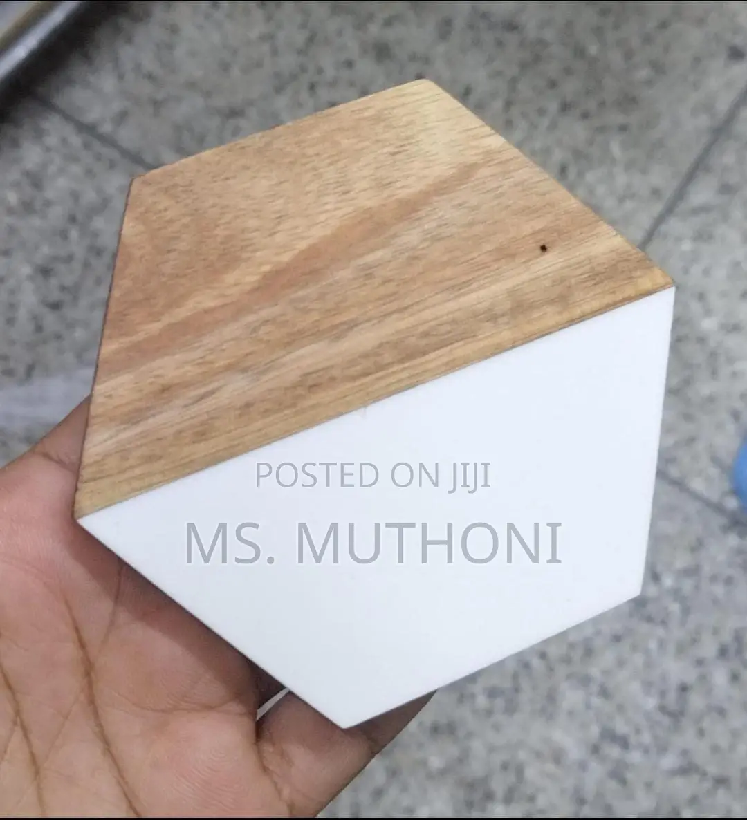 A Set of 6 Hexagonal Coasters Made of White Marble and Acacia *
