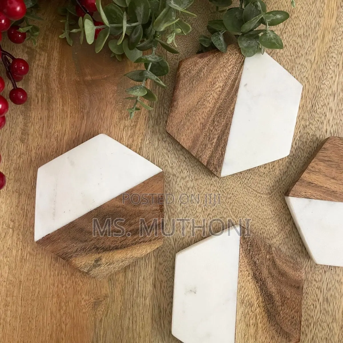 A Set of 6 Hexagonal Coasters Made of White Marble and Acacia *