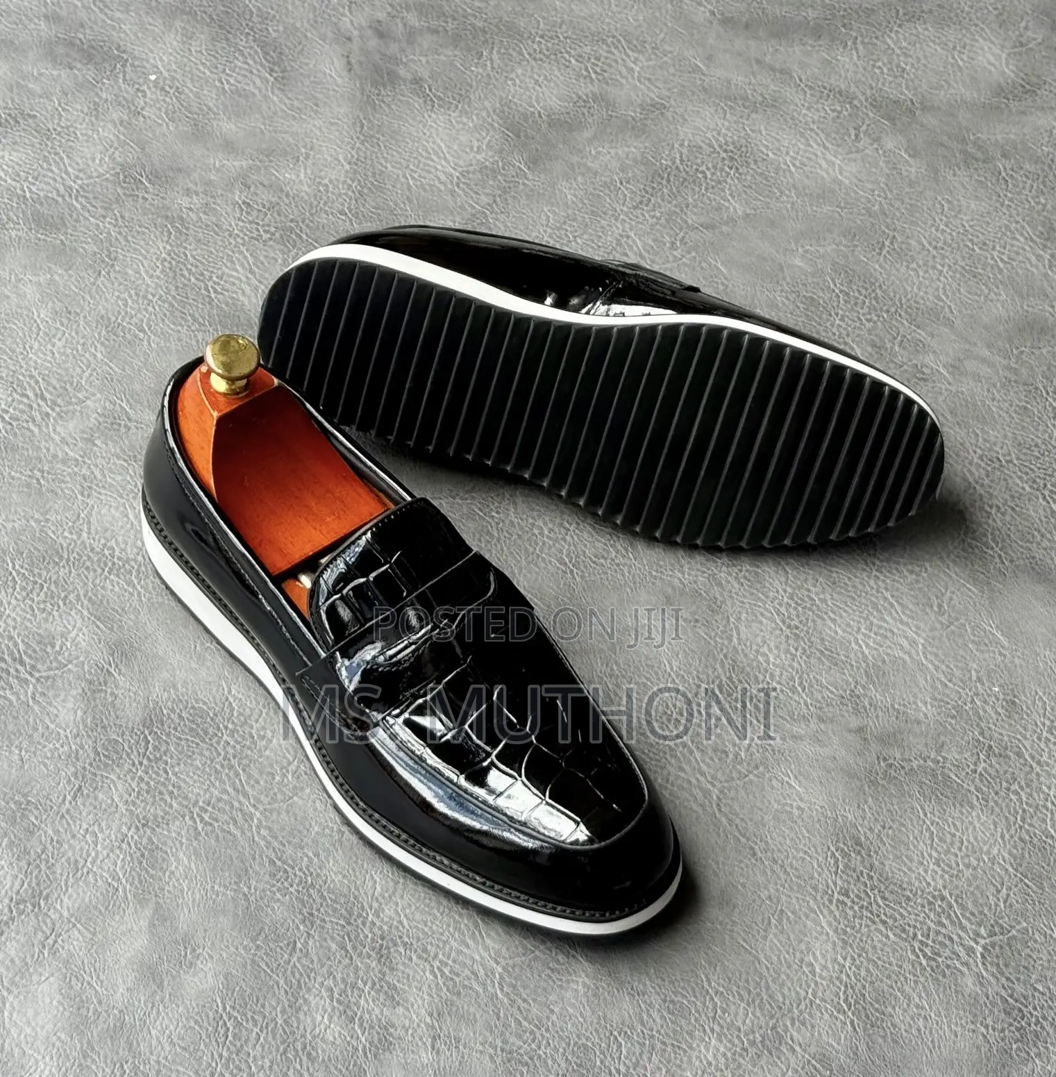 Black Patent Leather Double Casual Shoes With a White Rubber Sole