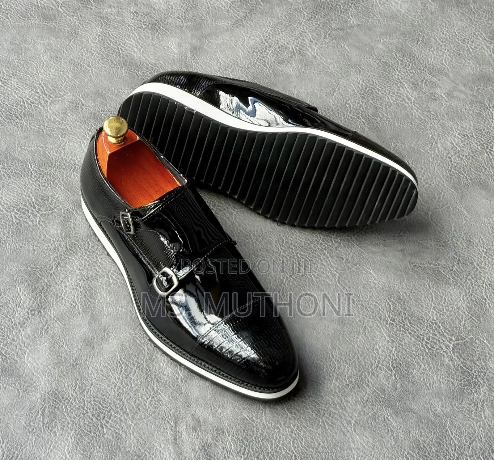 Black Patent Leather Double Casual Shoes With a White Rubber Sole