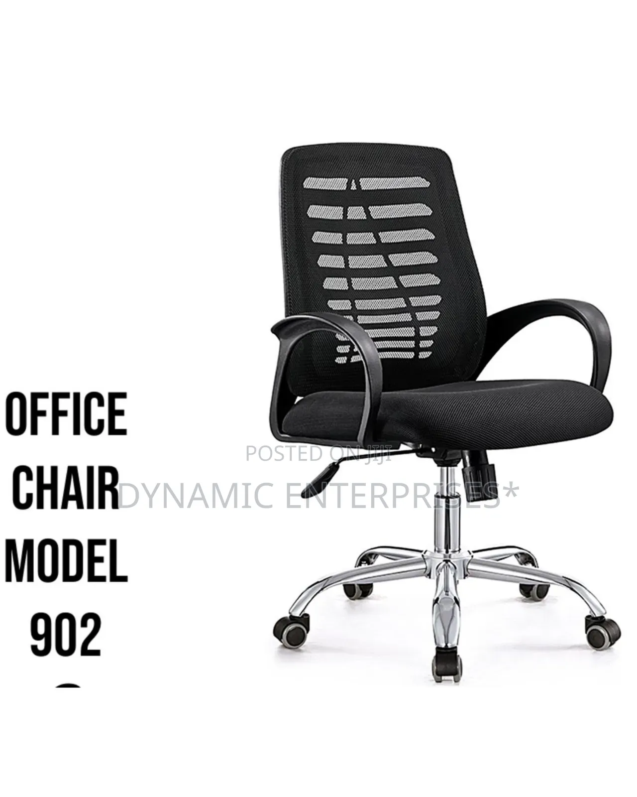 Black Mesh Office Chair With a Chrome Base and Armrests