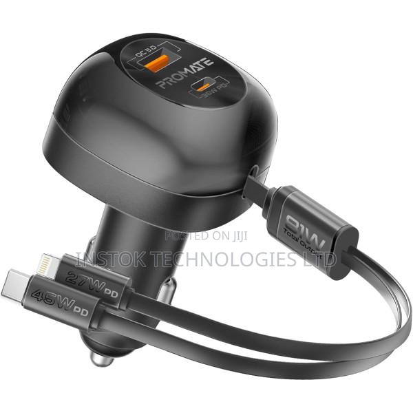 Promate 81w Car Charger With Usb-C Lightning Cables