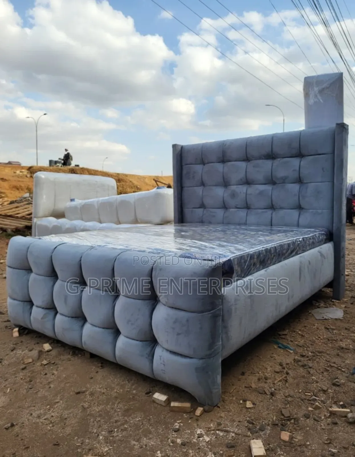 Grey Bed -Tufted Bed With Mattress