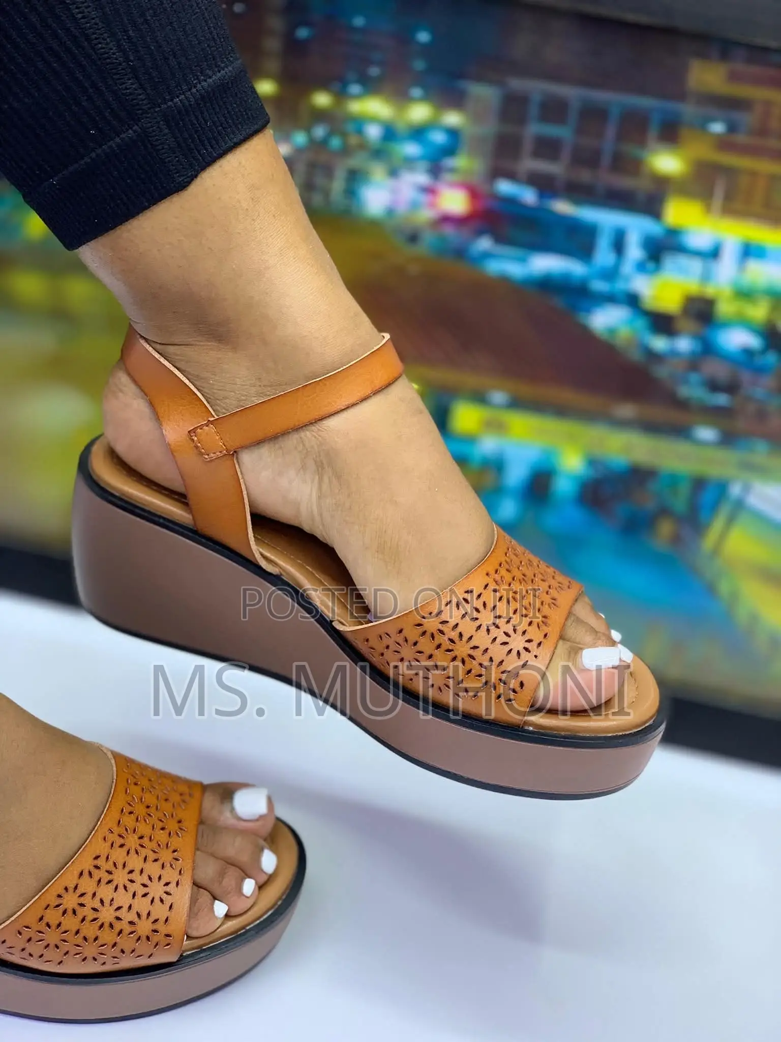 Leather Wedge Sandals With a Laser-Cut or Perforated Strap Design