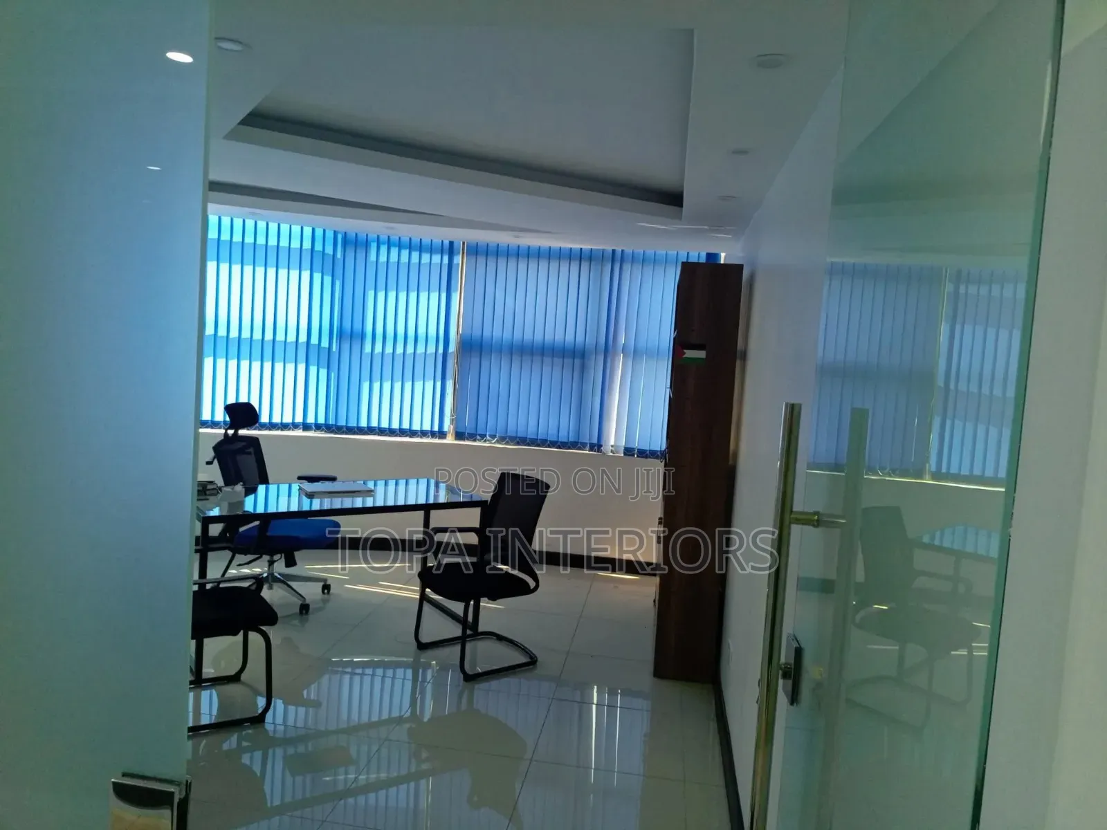 Sky Blue Colour Vertical Office Curtains Installation