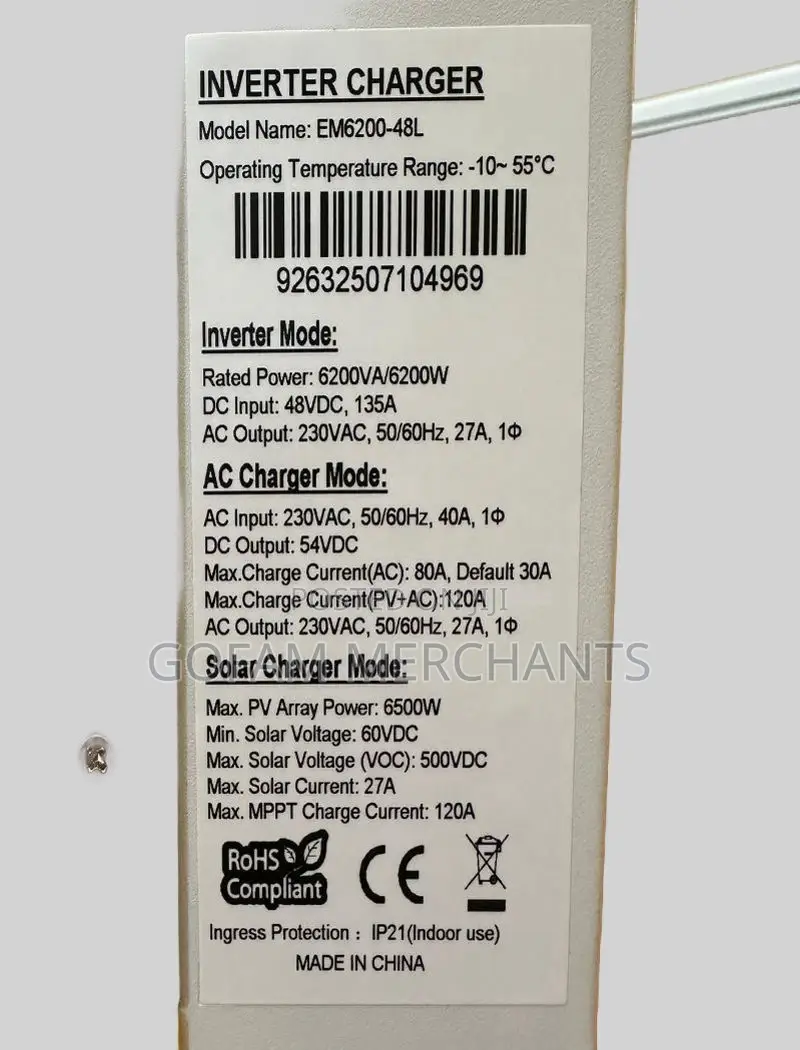 6.2kw 48v Yatchu Hybrid Solar Inverter, 120a Mppt, on/Off Grid