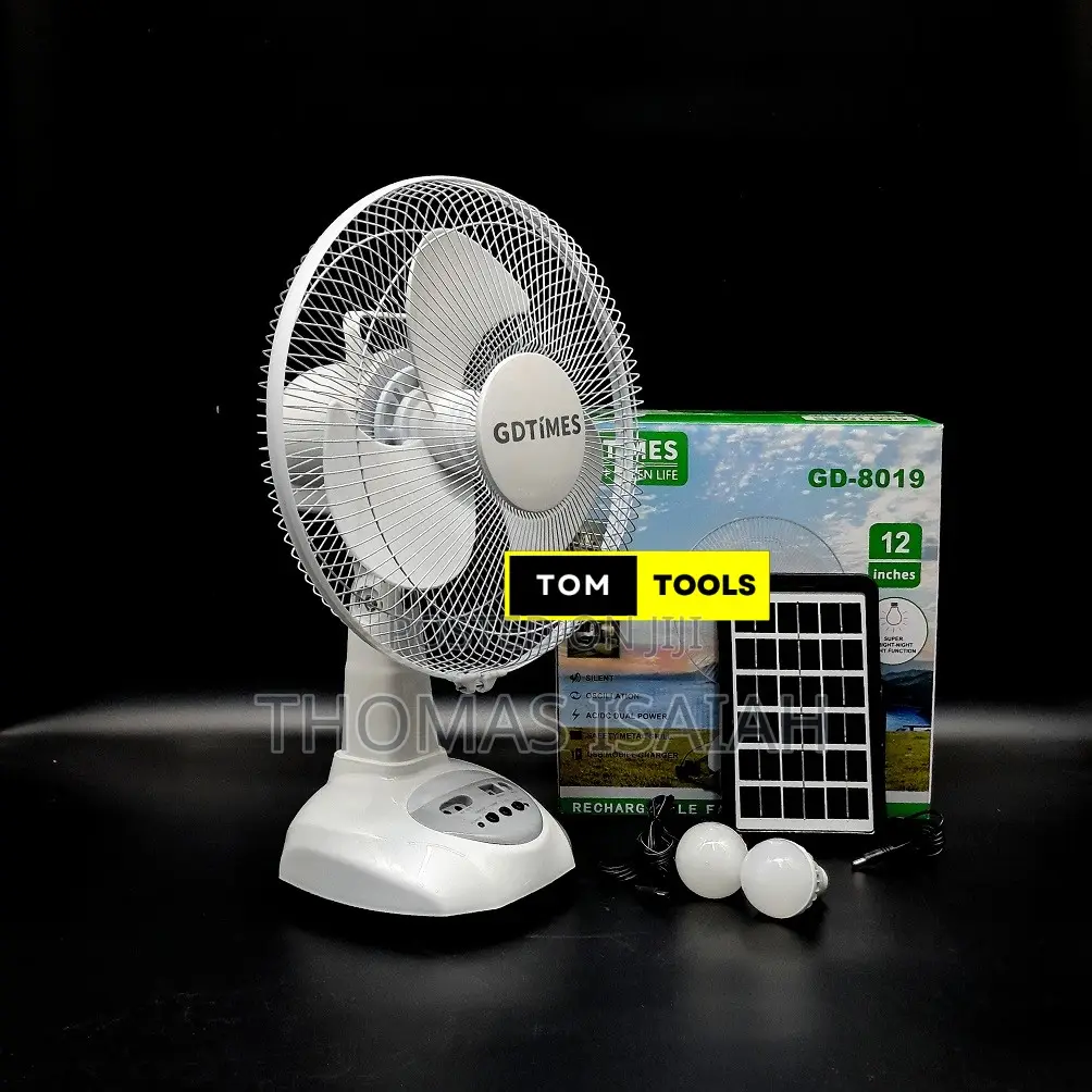 Gd8019 Rechargeable Solar Fan With 2 Bulbs, Oscillation, Usb Charger