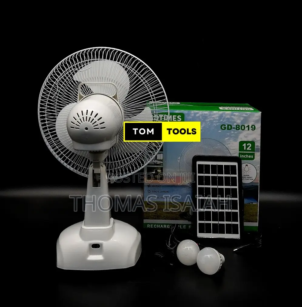 Gd8019 Rechargeable Solar Fan With 2 Bulbs, Oscillation, Usb Charger