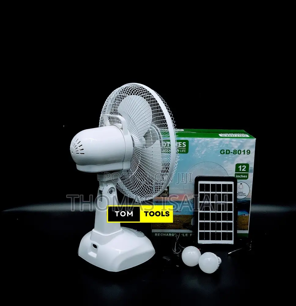 Gd8019 Rechargeable Solar Fan With 2 Bulbs, Oscillation, Usb Charger