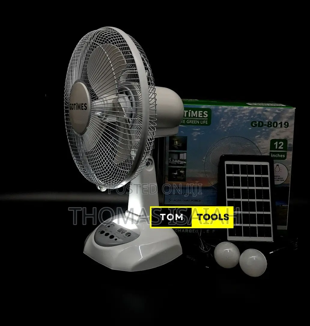 Gd8019 Rechargeable Solar Fan With 2 Bulbs, Oscillation, Usb Charger