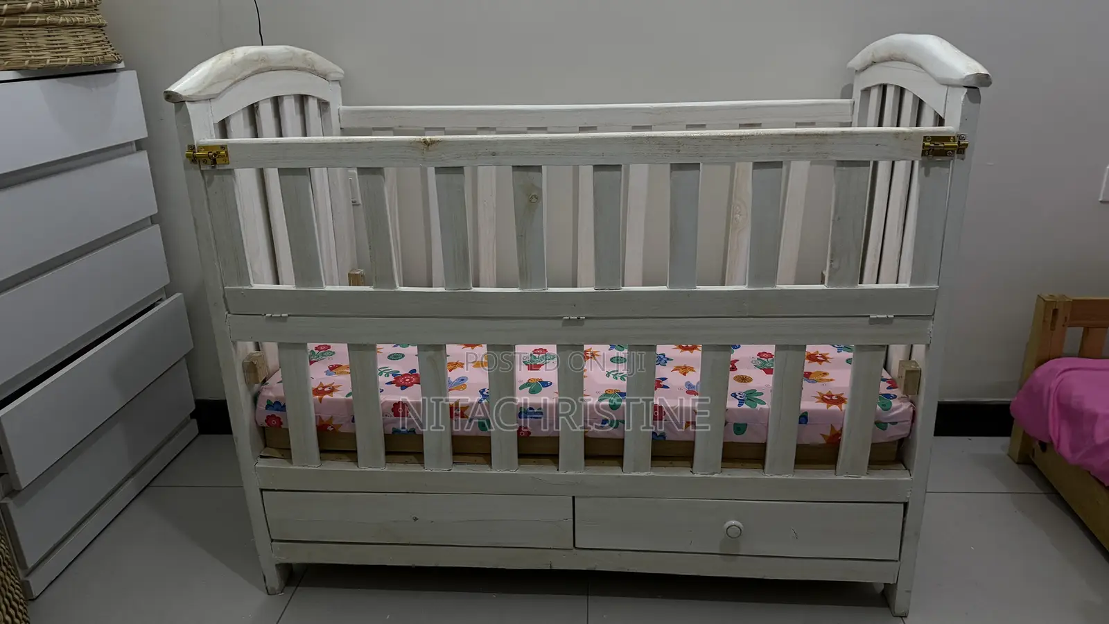 White Wooden Baby Cot – Co-sleeper + Storage