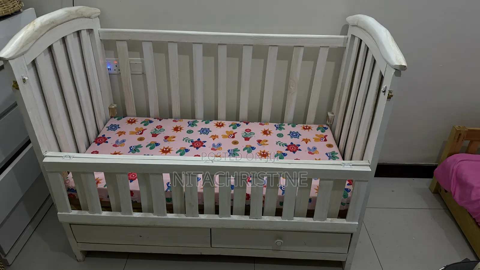 White Wooden Baby Cot – Co-sleeper + Storage