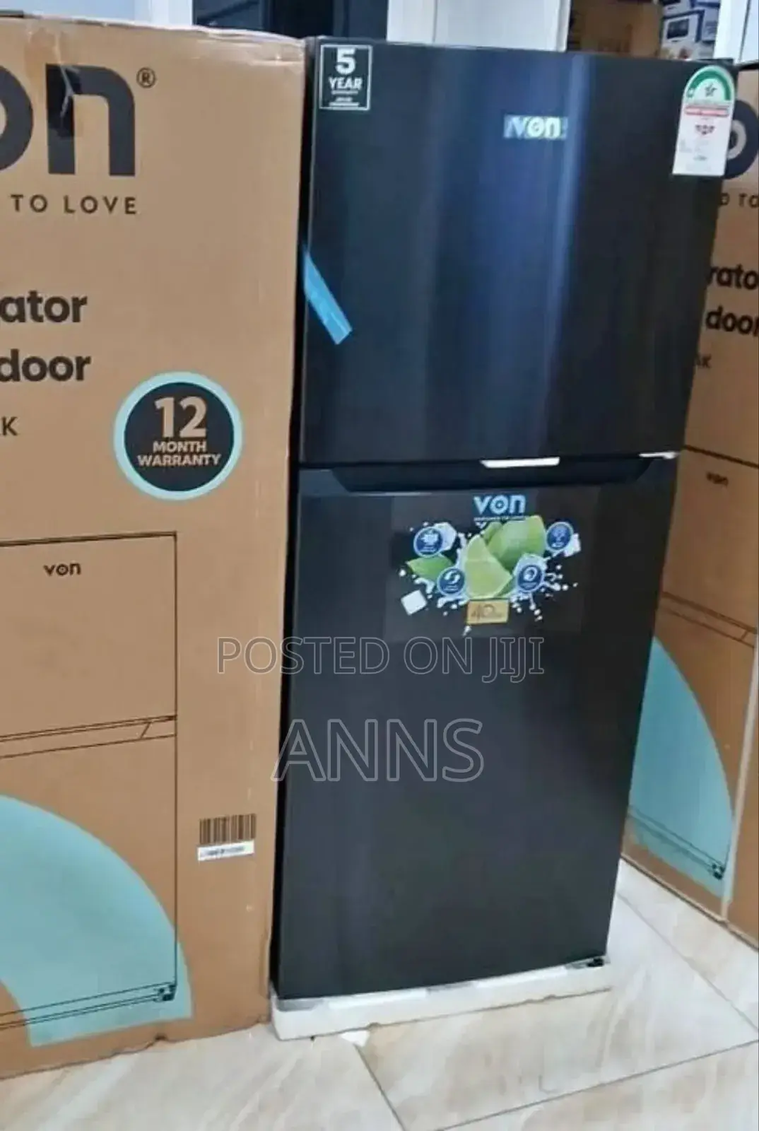 Von 182 Litres No Frost Two Door Refrigerator (Black Body)