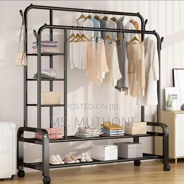 Double Layer Garment Rack Floor Standing Clothes Hanger - thumbnail 3