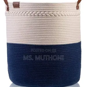 Two-Tone Cotton Rope Storage / Laundry Basket H Faux Leather Handles