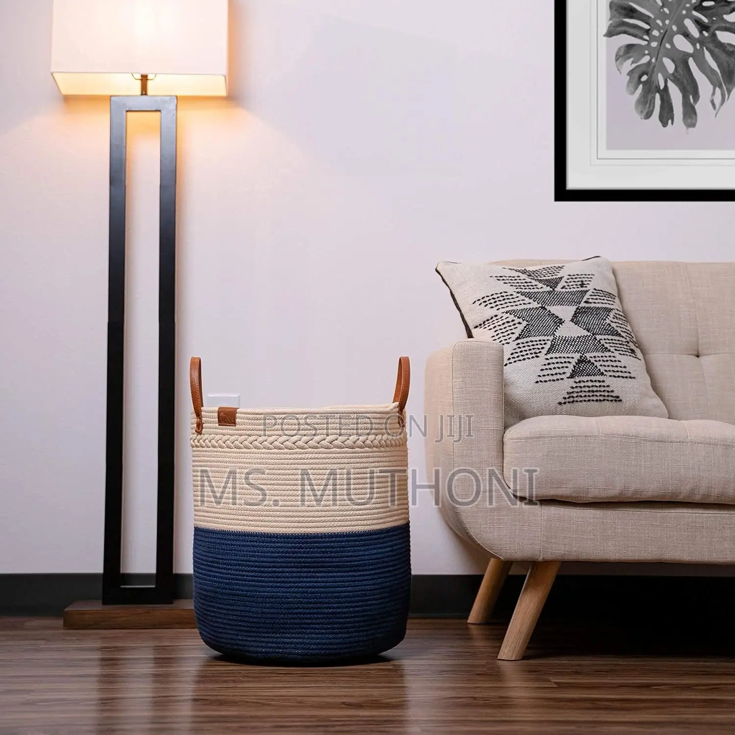 Two-Tone Cotton Rope Storage / Laundry Basket H Faux Leather Handles
