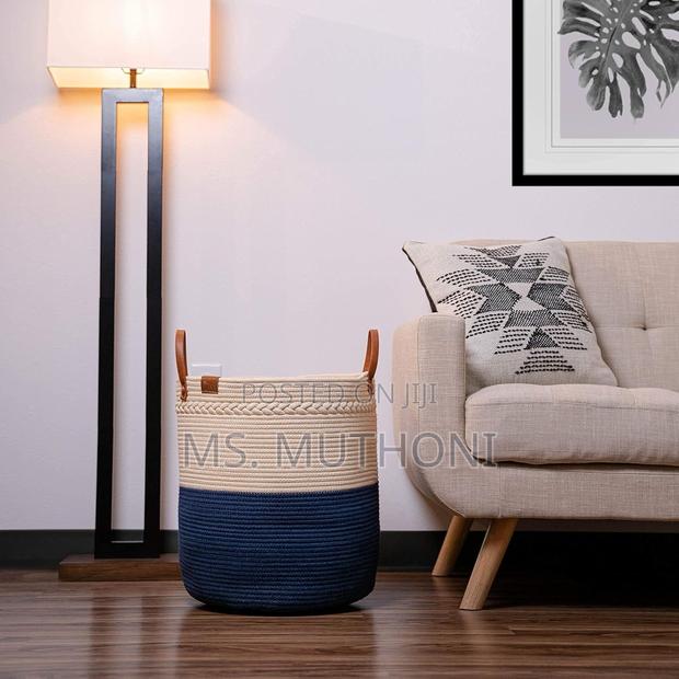 Two-Tone Cotton Rope Storage / Laundry Basket H Faux Leather Handles