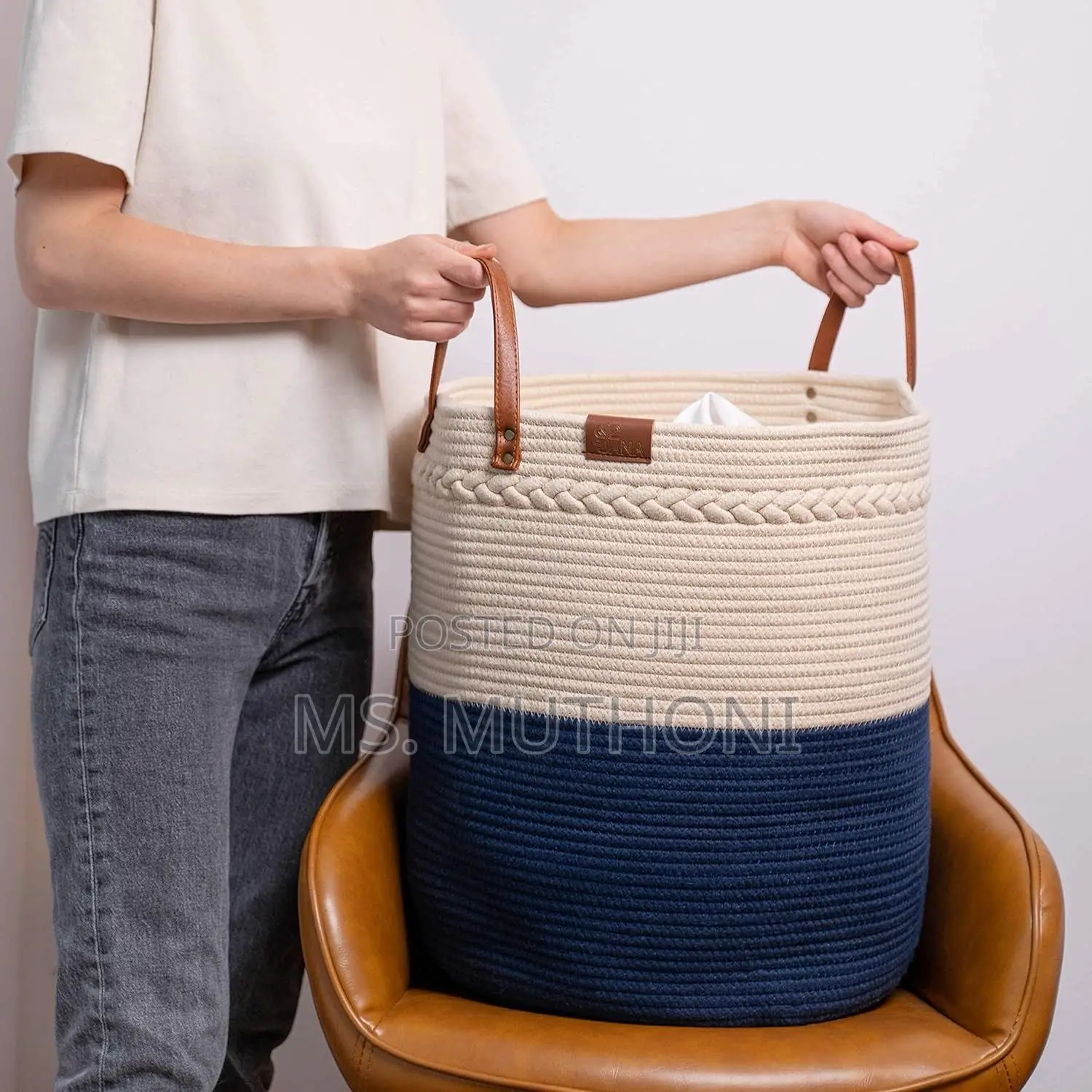 Two-Tone Cotton Rope Storage / Laundry Basket H Faux Leather Handles