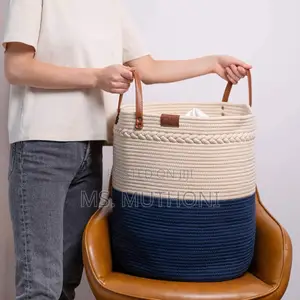 Two-Tone Cotton Rope Storage / Laundry Basket H Faux Leather Handles