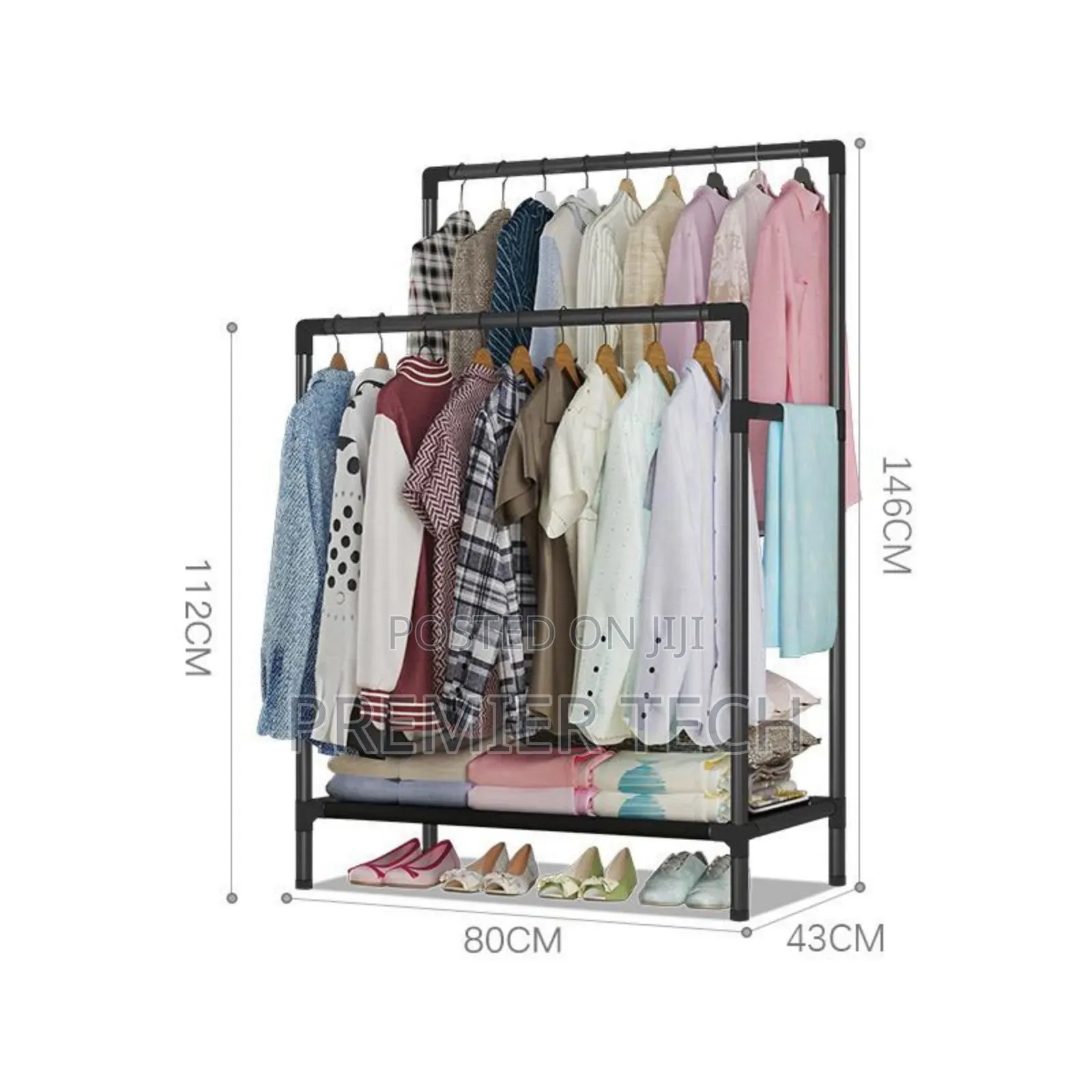 Double Pole Clothing Rack With Lower Storage Shelf for Bags and Shoes