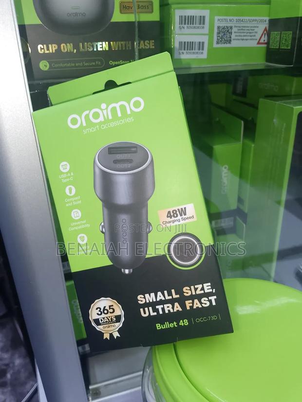 Oraimo Car Phone Charger With 48 Watts Charging Speed Type C Cable