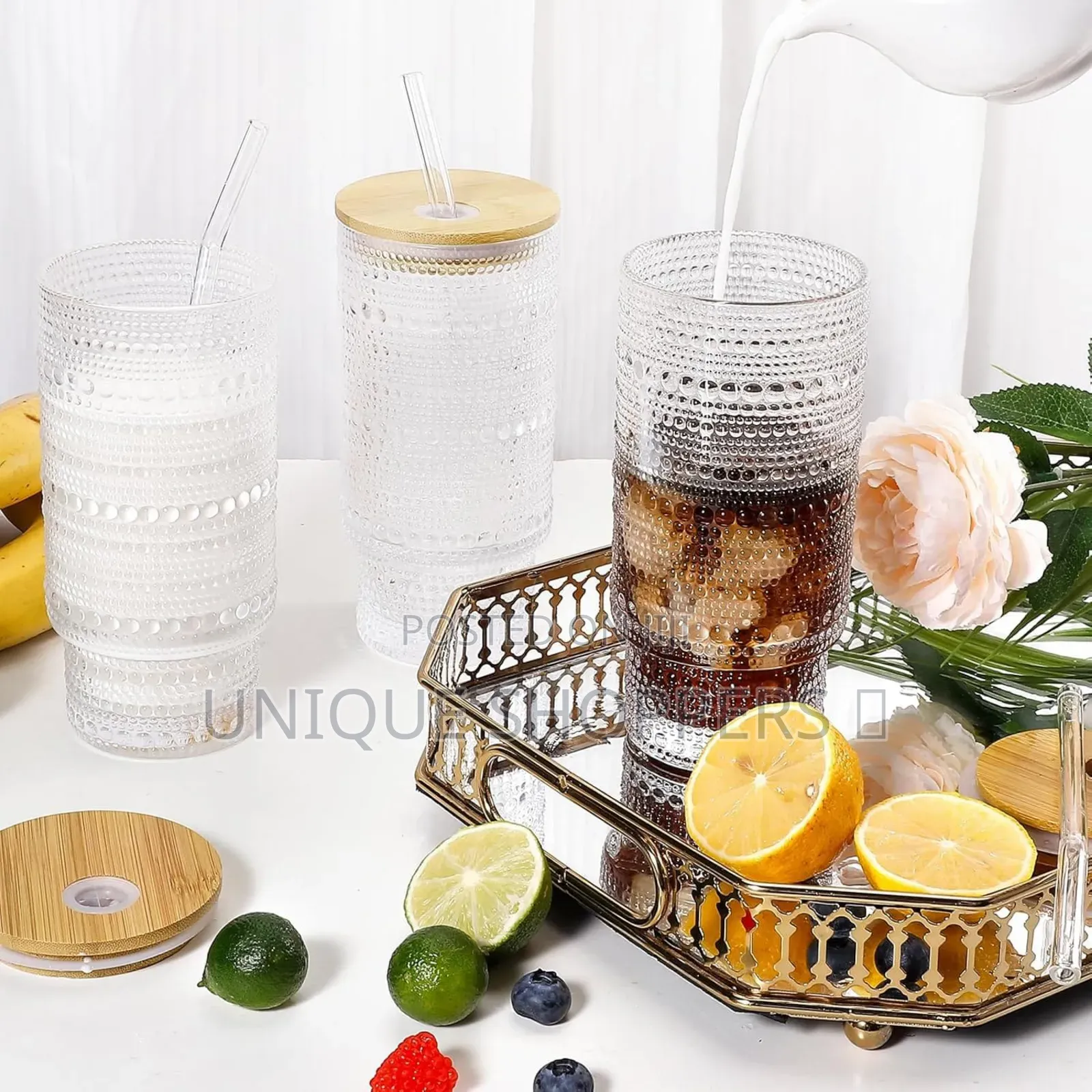 475ml Glass Cups With Lids and Straws, Vintage Embossed Tumbler