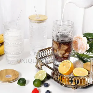 475ml Glass Cups With Lids and Straws, Vintage Embossed Tumbler